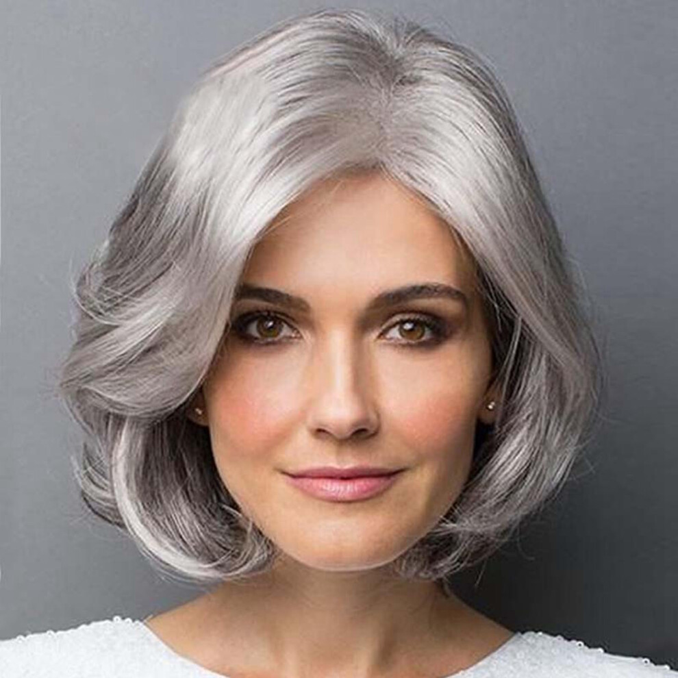 Wigs Synthetic Silver Grey Bob Wig With Lace Front Short Wavy Curly Style For Women 26x16x4.5cm