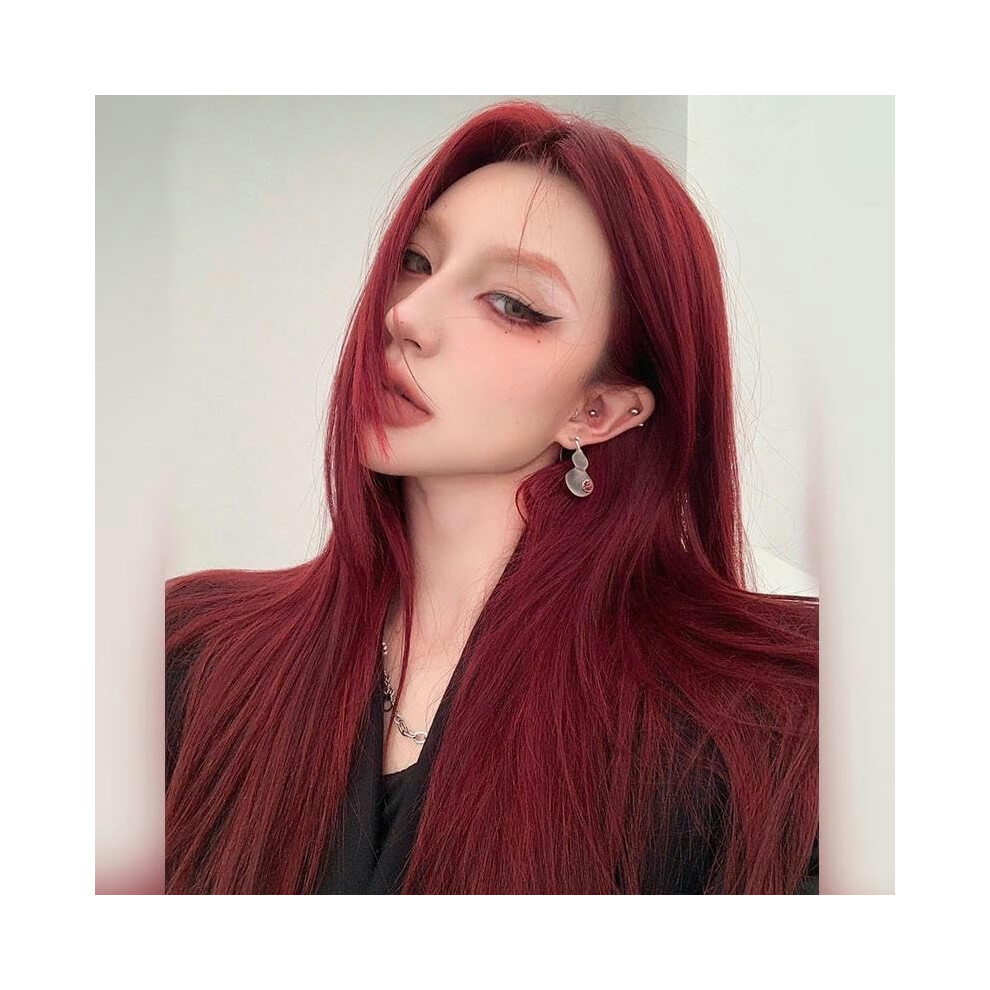 Unisex Red Wig For Women Long Straight Hair Rose 60Cm With Full Headband Center-Parted Bangs