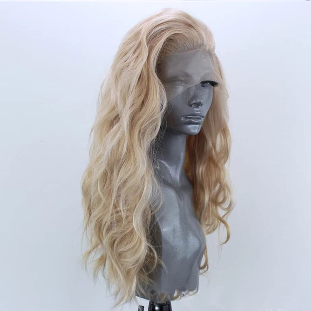 Long Curly Mixed Blonde Wigs 24 Inch 13x3 Lace Front Half Hand-Tied Glueless Heat-Resistant Synthetic Wavy Cosplay Wig
