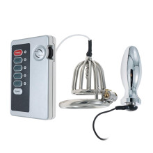 Electric Shock Hollow Chastity Lock Men's Chastity Device Set 40mm Anal Plug Adult Sex Toy