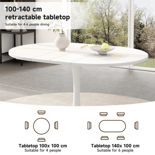 Modern Extendable Round Dining Table for 4-6,White 2