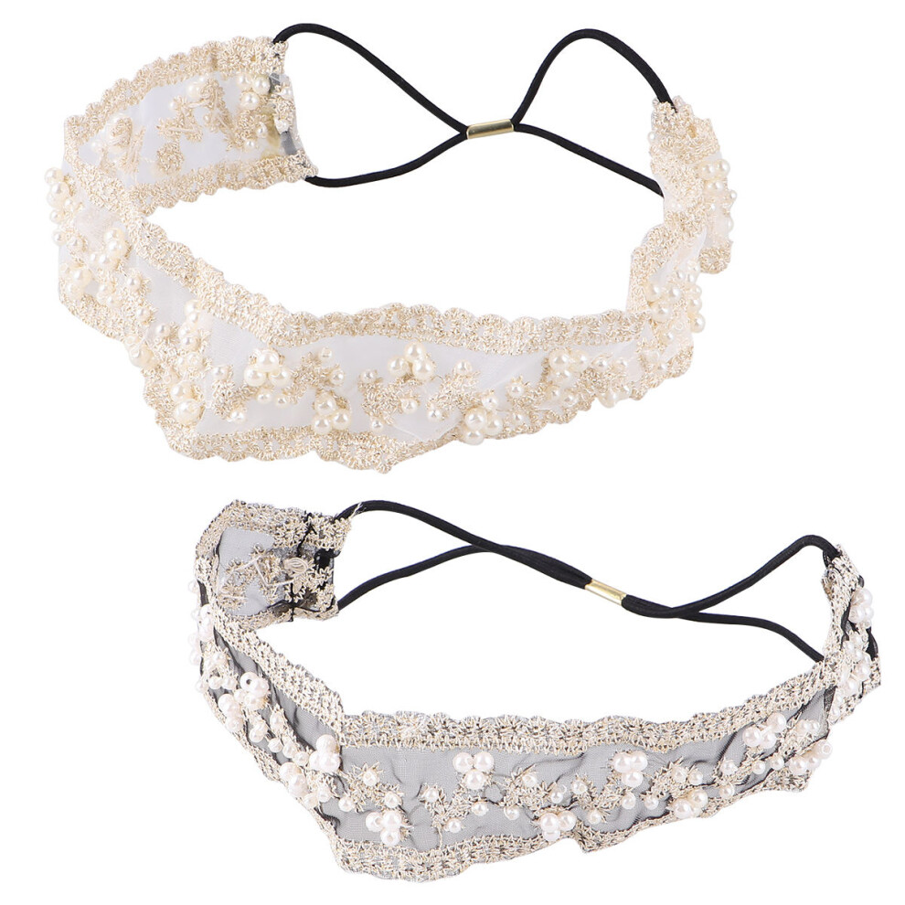 2 Zweetbestendige Kantelparel Haarband Vrouwen (Zwart Beige)-image