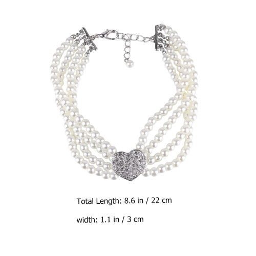 Hondenvier parels met kristallen hart hanger, wit, S 2