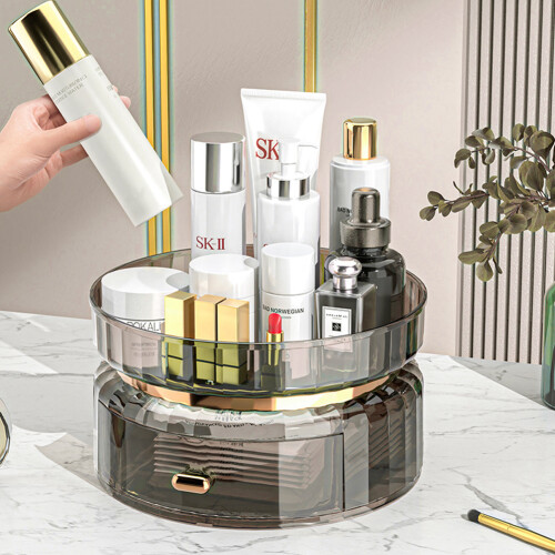 Living And Home 360° Rotating Makeup Organizer with Drawer, Transparent Grey 1