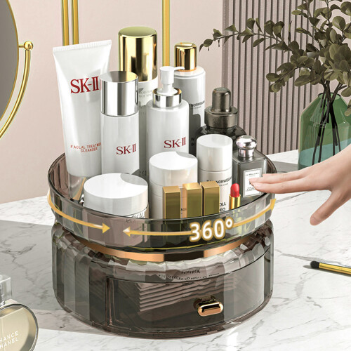 Living And Home 360° Rotating Makeup Organizer with Drawer, Transparent Grey