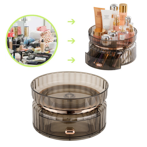 Living And Home 360° Rotating Makeup Organizer with Drawer, Transparent Grey 2