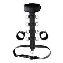 BDSM Handcuffs Back Hand Cuff With Double Rings, Slave Bandage Strap, Neck Nylon Rope, Adjustable Belt Black