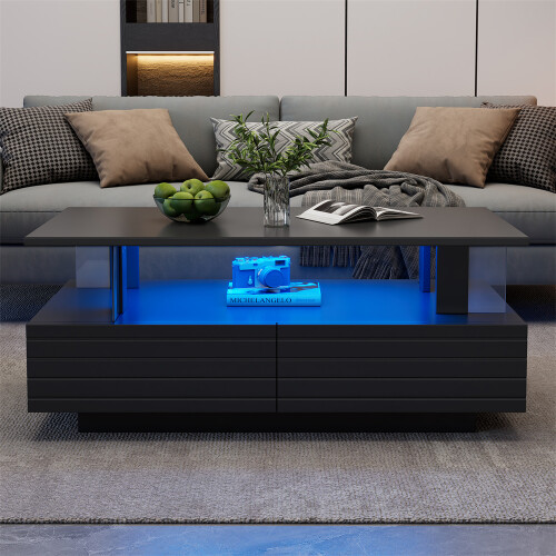 Black Coffee Table with LED Lighting & Storage 2