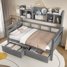 Grey Single Children's Bed with Storage &Bookshelf