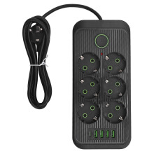 (Black) 6 Way Power Strip 4 USB 1 Type C Port European Socket 2m Cable 110V