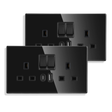 [Clearance] - Nastopee 2 Pack Black Double Switched Socket with USB A & USB C Ports, 13A Twin Wall Power Socket, 220-250V, 146 × 86mm