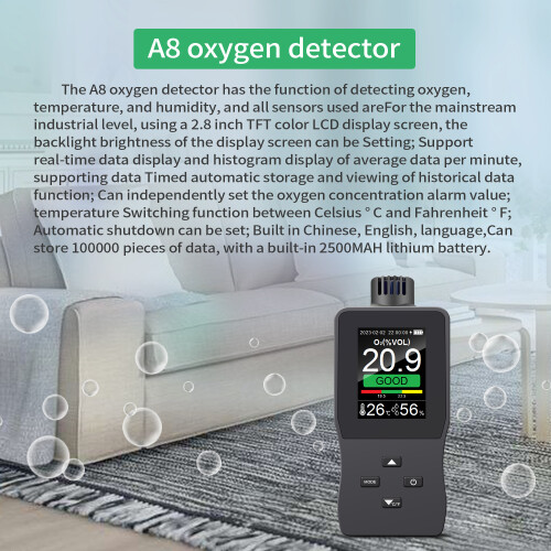 Hand-O₂-Detektor USB, 2,8" TFT, Temp/Feuchte