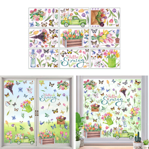 9 Sheets Spring Themed PVC Window Sticker Tulips Butterfly 1