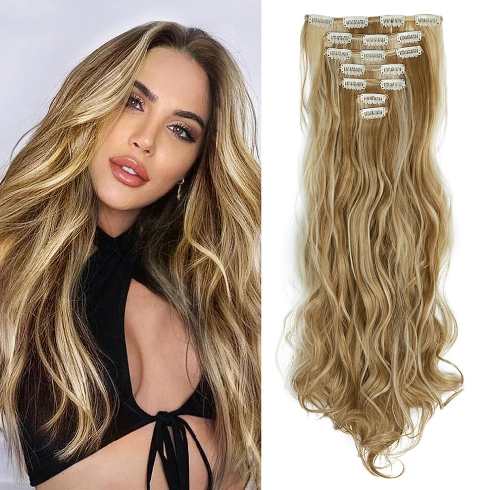Hair Extensions 7-Pcs Clip-In 24-Inch Wavy Curly Synthetic Hair Double Weft Ginger Brown Mix Bleach Blonde