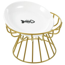 1Set Durable Golden Ceramic Pet Feeding Bowl with Raised Iron Stand