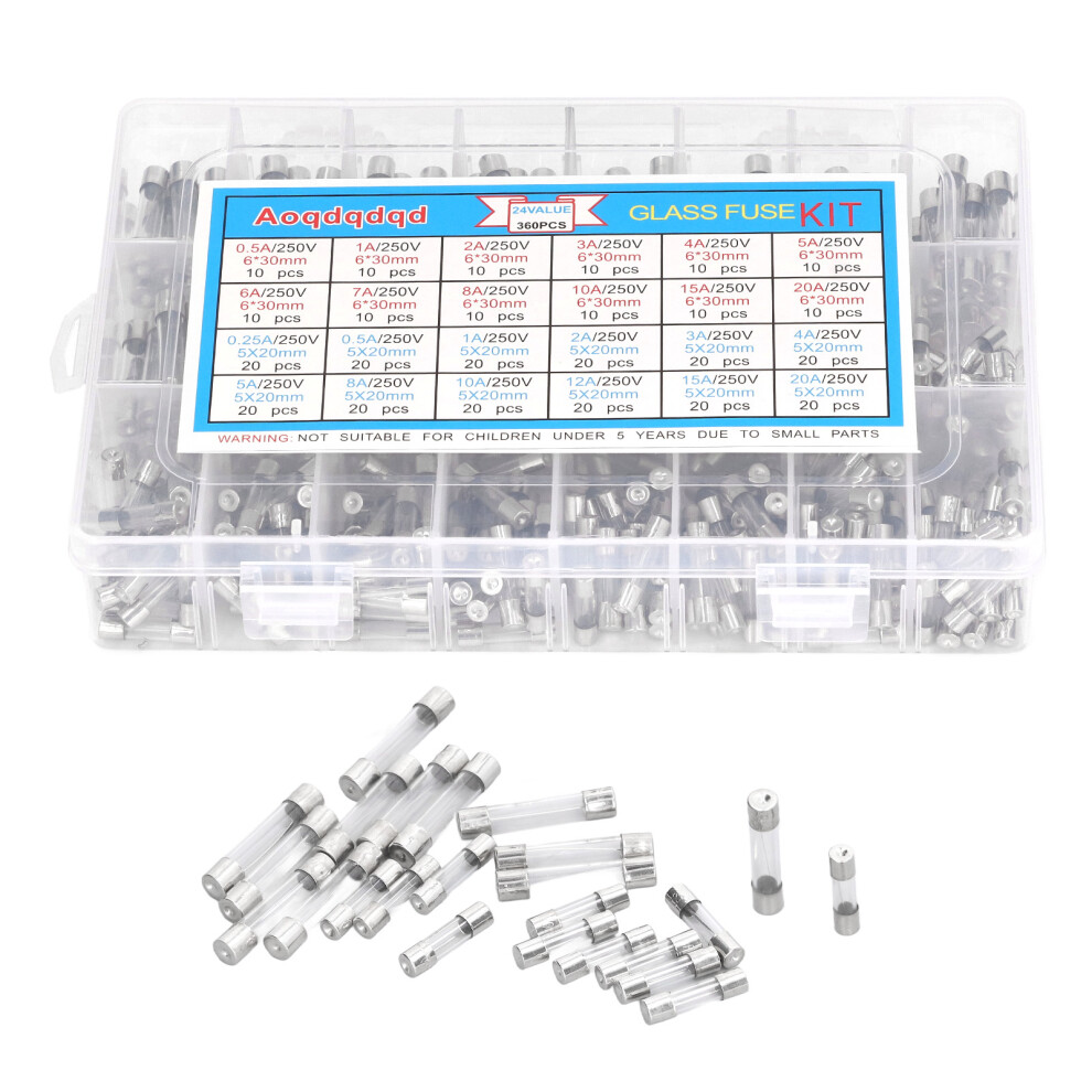 360Pcs Glass Fuse Tube 24 Types 6X30mm 5X20mm Set 323163334400