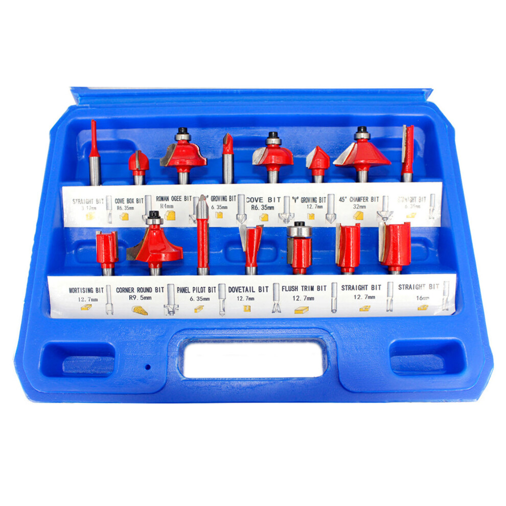 15Pcs Router Bit Set 1/4in Shank Carbide Woodworking Cutter with Case