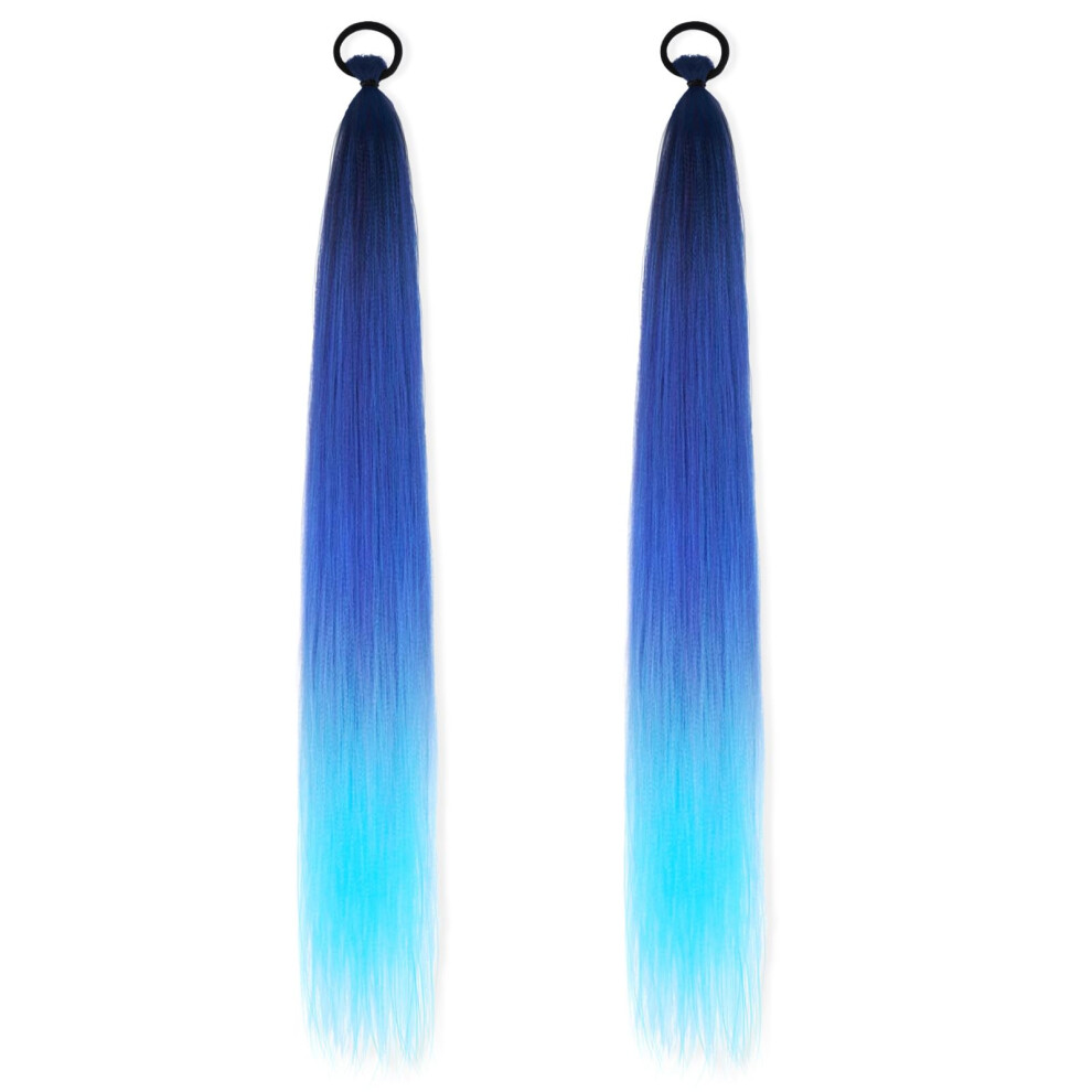 Ponytail Extension 2-Piece Set, Elastic Tie, Straight Synthetic Hairpieces, Blue Gradient Wrap-Around Braid For Women
