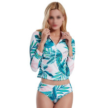 1Two-Piece Green Long Sleeve Women Swimwear Zipper Bikini for Pool