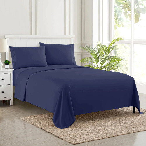 (Single) 100% Egyptian Cotton Flat Sheets Navy Blue Hotel Quality Flat Bedsheets