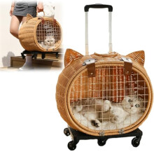 Pet Trolley Bamboo Woven Cat Suitcase With Wheels For Cats And Small Dogs Handmade Rattan Weaving Trolley Case