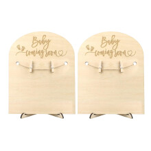 2Sets Beige Wooden Baby Shower Announcement Signs with Stand and Clips