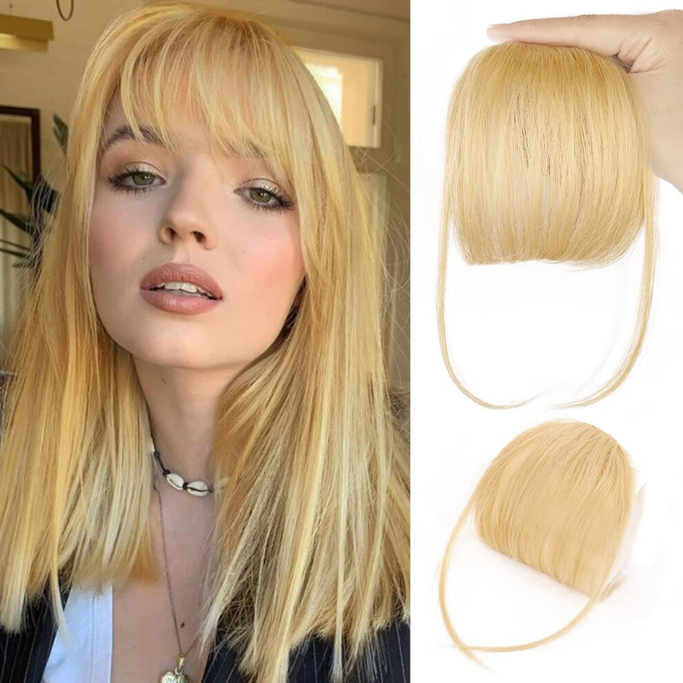 Unisex Light Clip In Fringe Bangs 100% Human Hair Wispy Clip-In Hair Extensions Blonde Color Clip-On Air Bangs Curved Bangs