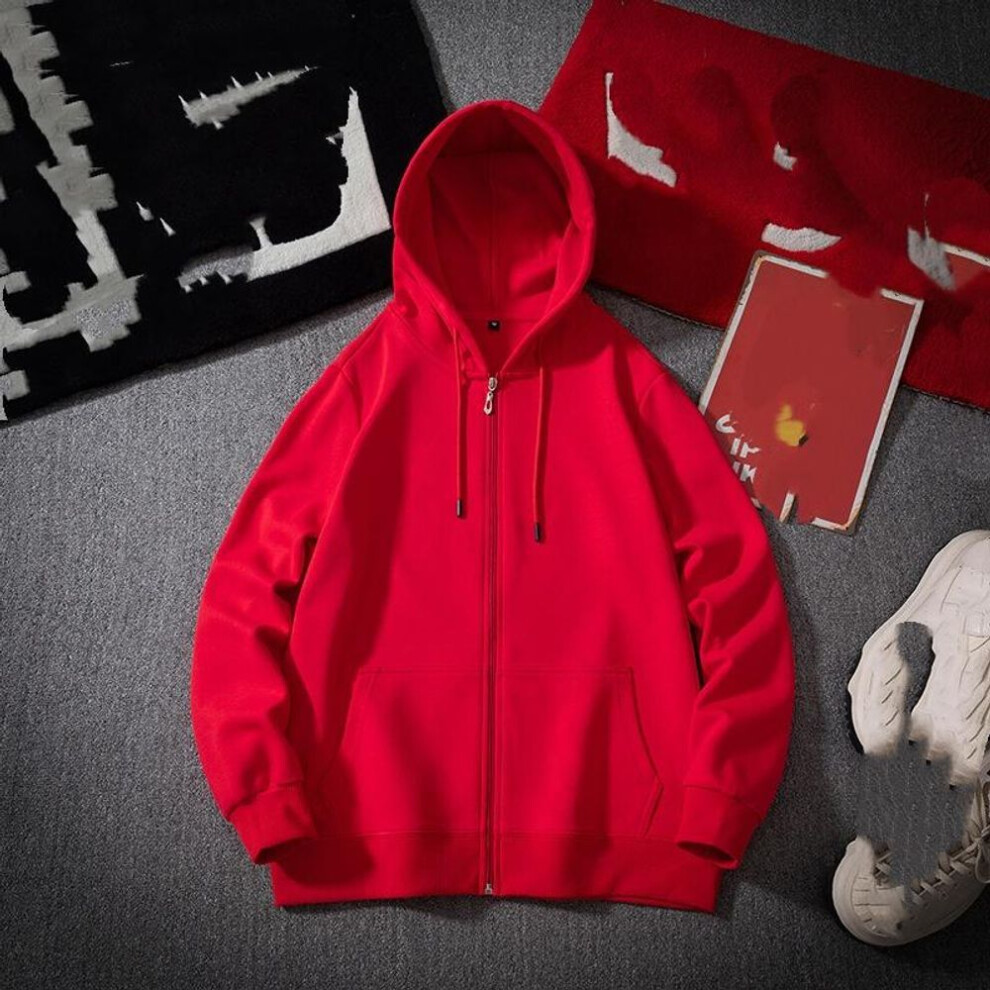 (red, XXXL) Hooded Cardigan Men's Sweater Loose Plus Velvet Thickened Youth Trend Solid Color Plus Size Jacket-image-OPC-PMC2QCQ-NEW