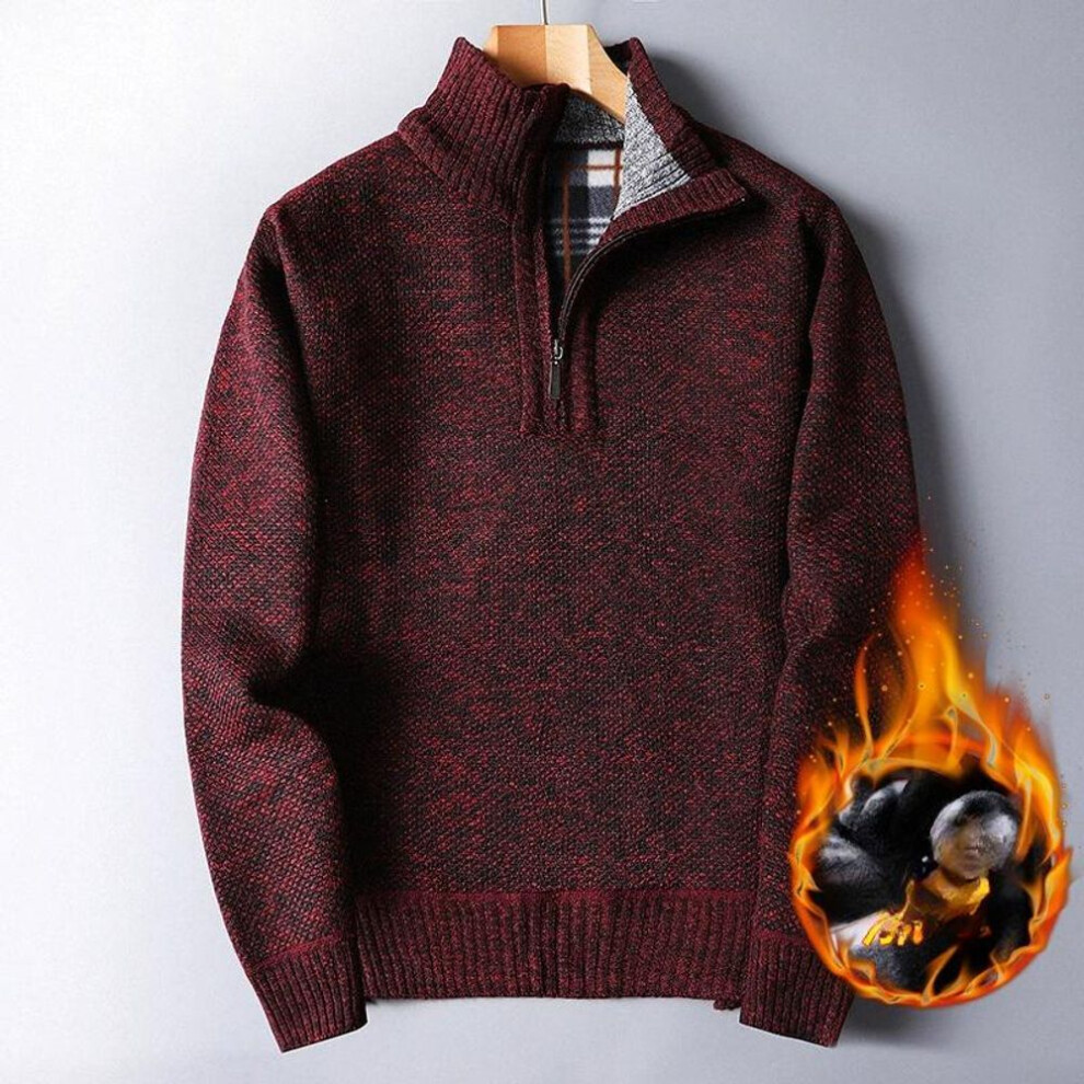 (wine red, M) Thick Autumn And Winter Men's Knitted Sweater With Added Velvet And Zipper, Loose Fitting Sweater Cover, And Outerwear-image-OPC-PMC2WW8-NEW