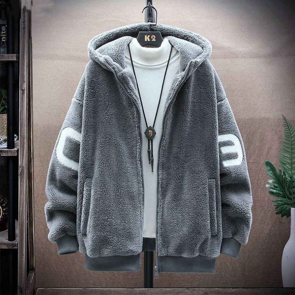 (grey, S) Fall Winter Men Jacket Colorblock Hooded Zipper Closure Cardigan Thick Plush Letter Decor Warm Long Sleeve Pockets Cold Resistant Men Coat-image-OPC-PMC5775-NEW