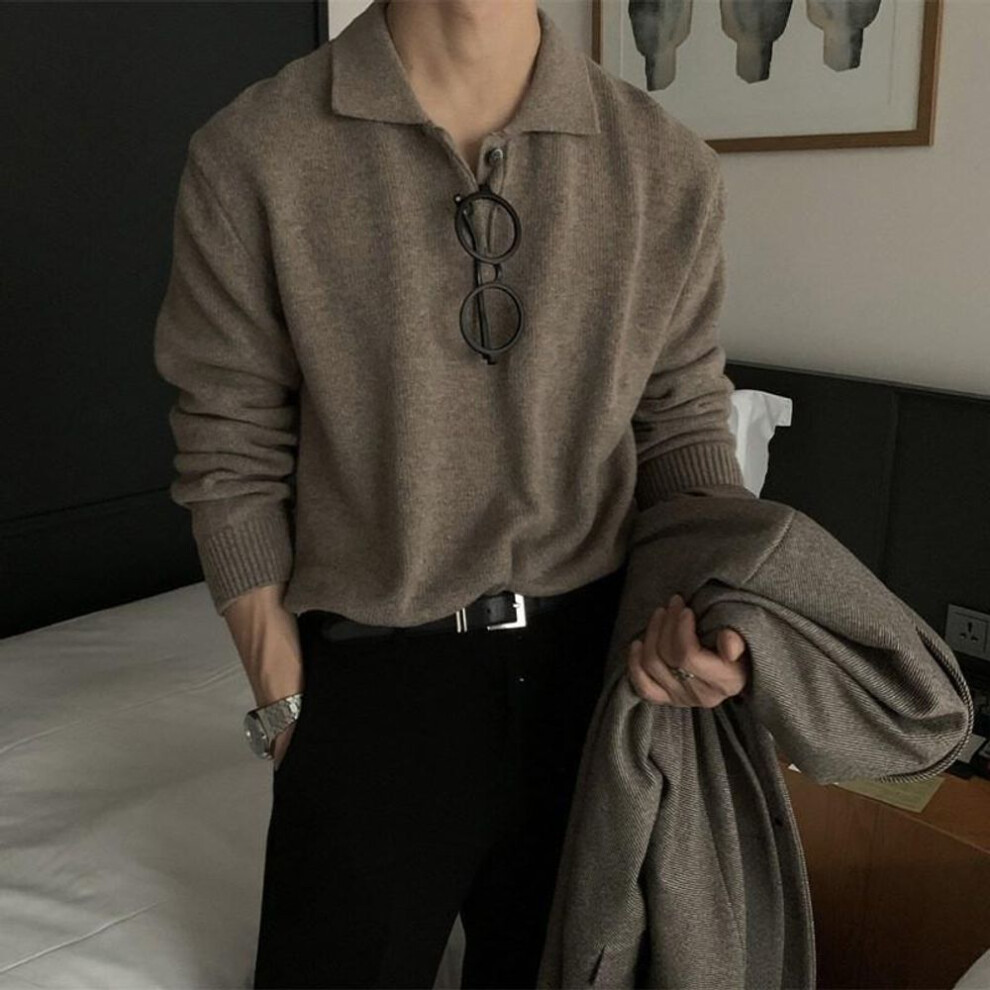 (coffee, S) Men's  Sweater Polo Neck Sweater Light Knitted Long Sleeve Pullover Casual Solid Color Streetwear Leisure Knitwear-image-OPC-PMC589N-NEW