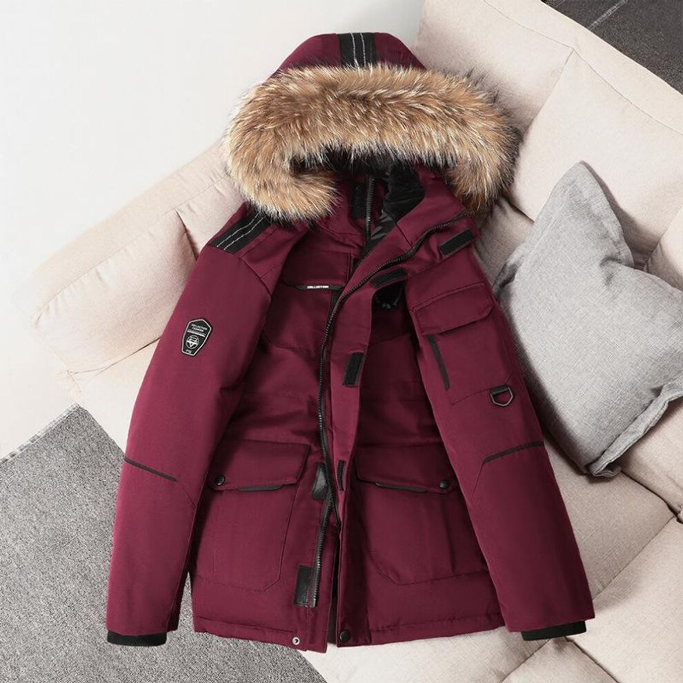 (wine red, S) -30 Degree White Duck Down Parkas Men Windproof Hooded Thicken Multi-pocket Down Coat Fur Collar Hooded Thick Winter Jacket-image-OPC-PMC5FXP-NEW