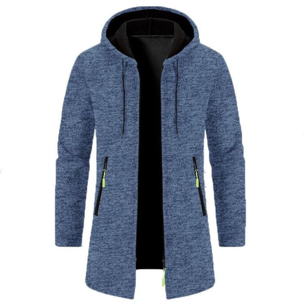 (navy blue, L) Spring Autumn Men's Hooded Mid Long Jackets Solid Kintting Cardigan Outwear Casual Male Coats Zipper Warm Streetwear Hoodies Jacket-image-OPC-PMC5J2Z-NEW