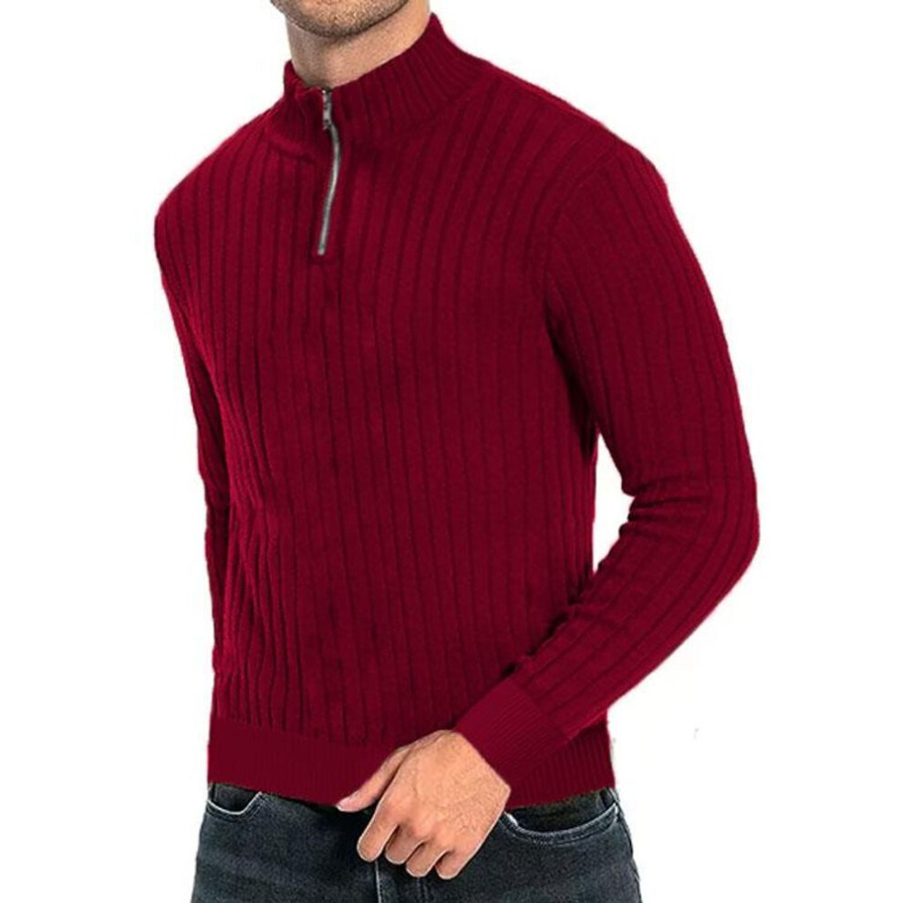 (wine red, S) Men's Semi-turtleneck Zipper Sweater Men's Fall/winter Loose Sweater Casual Pullover Long-sleeved Sweater-image-OPC-PMC5KQT-NEW