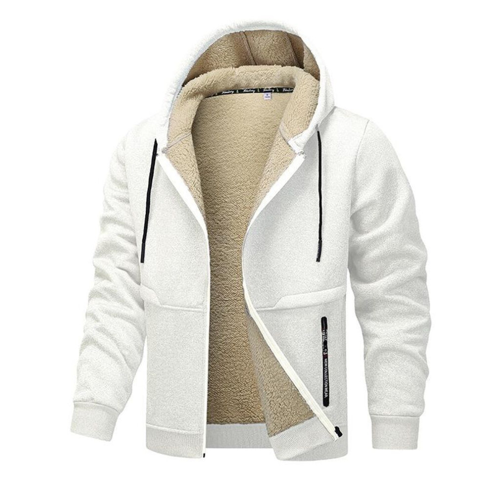 (white, 2XL) Men's Loose-fitting, Thickened Long-sleeved Plain-colored Zippered Hooded Jacket For Autumn And Winter-image-OPC-PMC5RB5-NEW