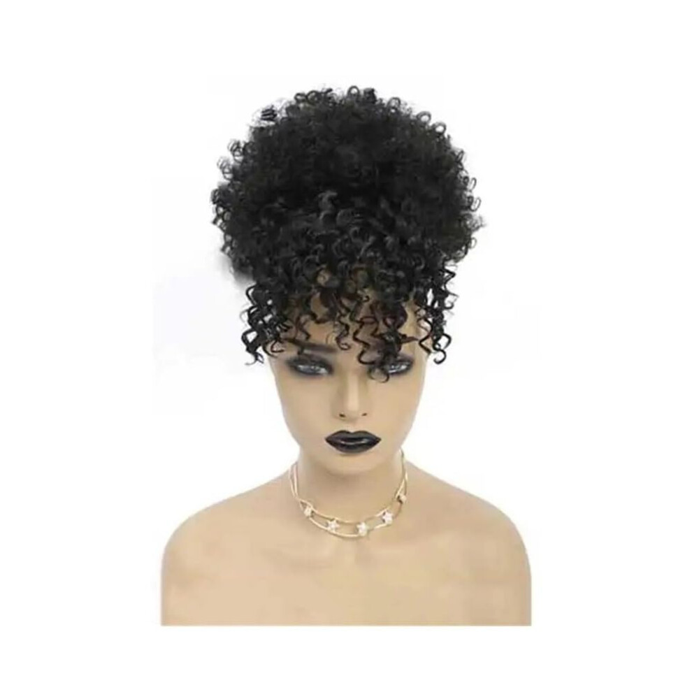 Unisex Messy Hair Bun Synthetic Short Kinky Curly Drawstring Ponytail With Bangs Clip In Afro High Puff Hairpiece 1B