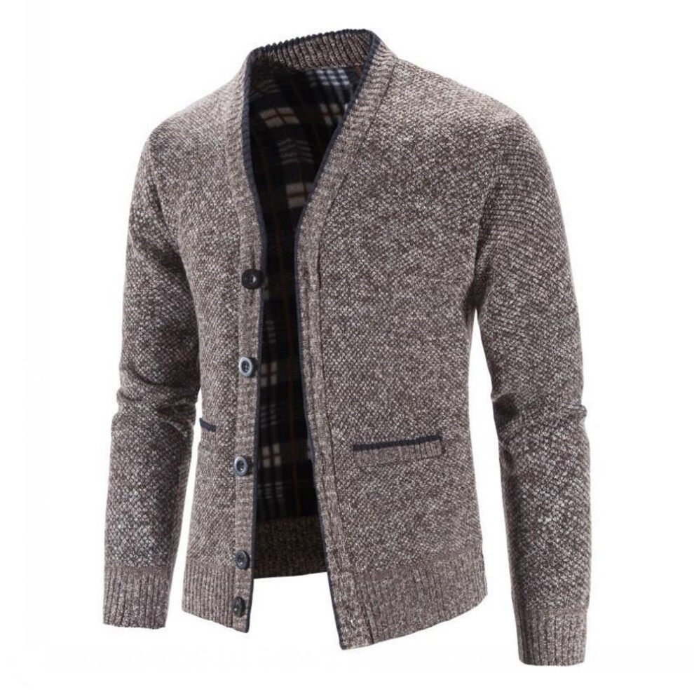 (coffee, XXL) Knitted Cardigan With Thick Velvet For Men's Plus Size Top, Slim Fit Jacket, V-neck Knitted Sweater For Men-image-OPC-PMC6HD7-NEW