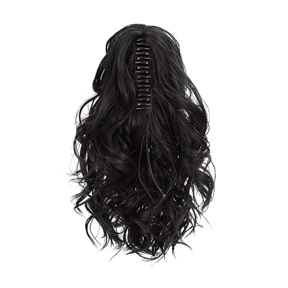 Unisex Black Natural Looking Ponytail Extension Claw Clip, Voluminous Wavy Curly Style, Thick Natural Hair Extensions, Seamless