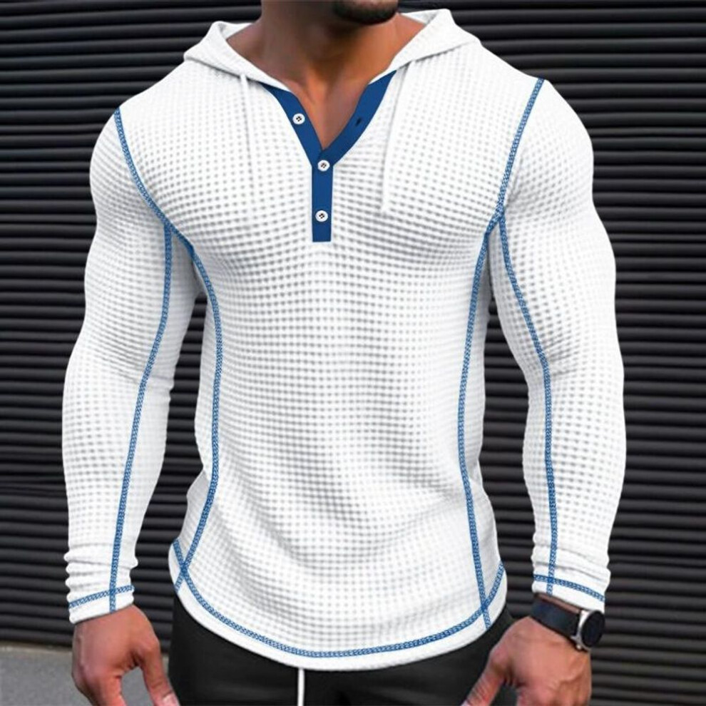 (white, M) Men's Waffle Top Buttoned Hoodie T-shirt, Vacation Long Sleeved Casual Fashionable Men-image-OPC-PMC6JHX-NEW
