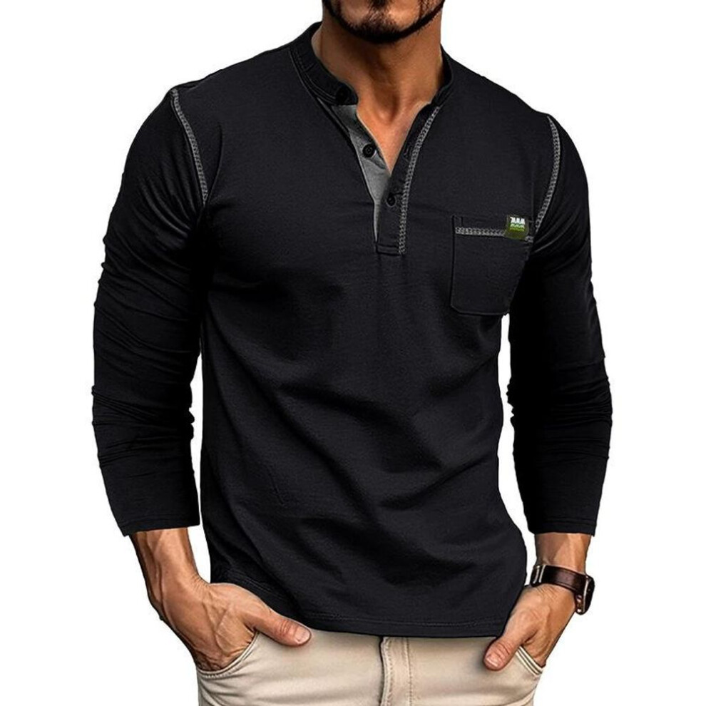 (black, S) Men's T-shirt Long Sleeved Henley Shirt Color Blocked Knit T-shirt For Men-image-OPC-PMC6QRR-NEW