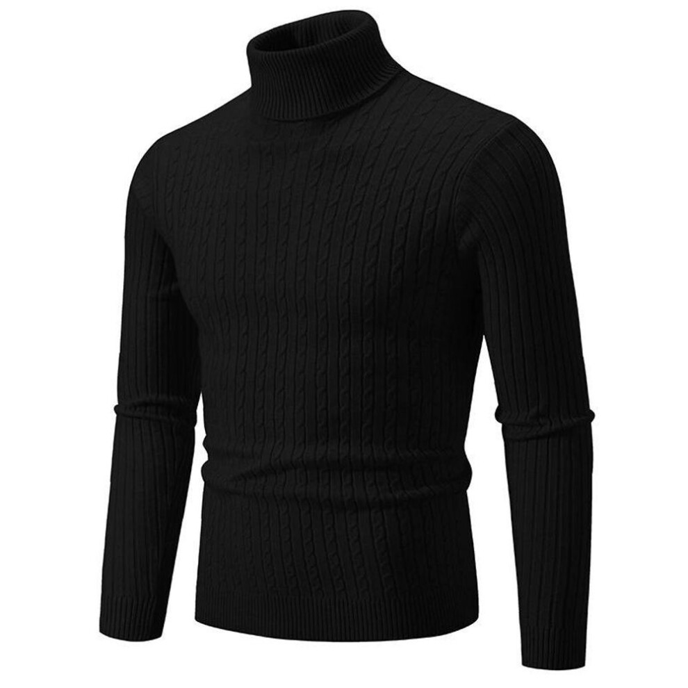 (black, XL) Autumn Winter Men's Turtleneck Sweaters Autumn Knitted Striped Streetwear Warm Long Sleeved Pullover Solid Color Basic Style Casual Tops-image-OPC-PMC6RDY-NEW