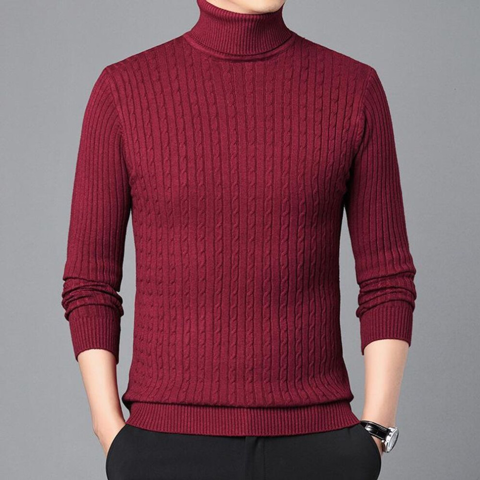 (wine red, M) Autumn Winter Men's Ribbed Turtleneck Sweater Warm Fitted Knitted Pullover Sweatesr Jacquard Striped Casual Long Sleeves Basic Top-image-OPC-PMC75Y9-NEW
