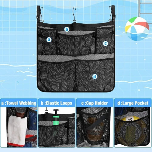 Flexible Poolside Storage Solution Mesh Bag Durable Mesh Poolside Organizer Large Hooks For Wet Items Hanging Storage 2