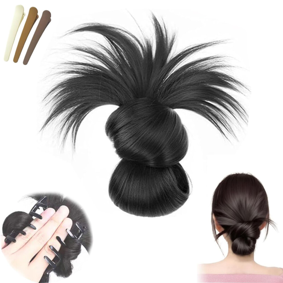 Clip-On Feathered Bun Wig Messy Bun Hair Piece Claw Clip Soft Hair Extensions Natural Black
