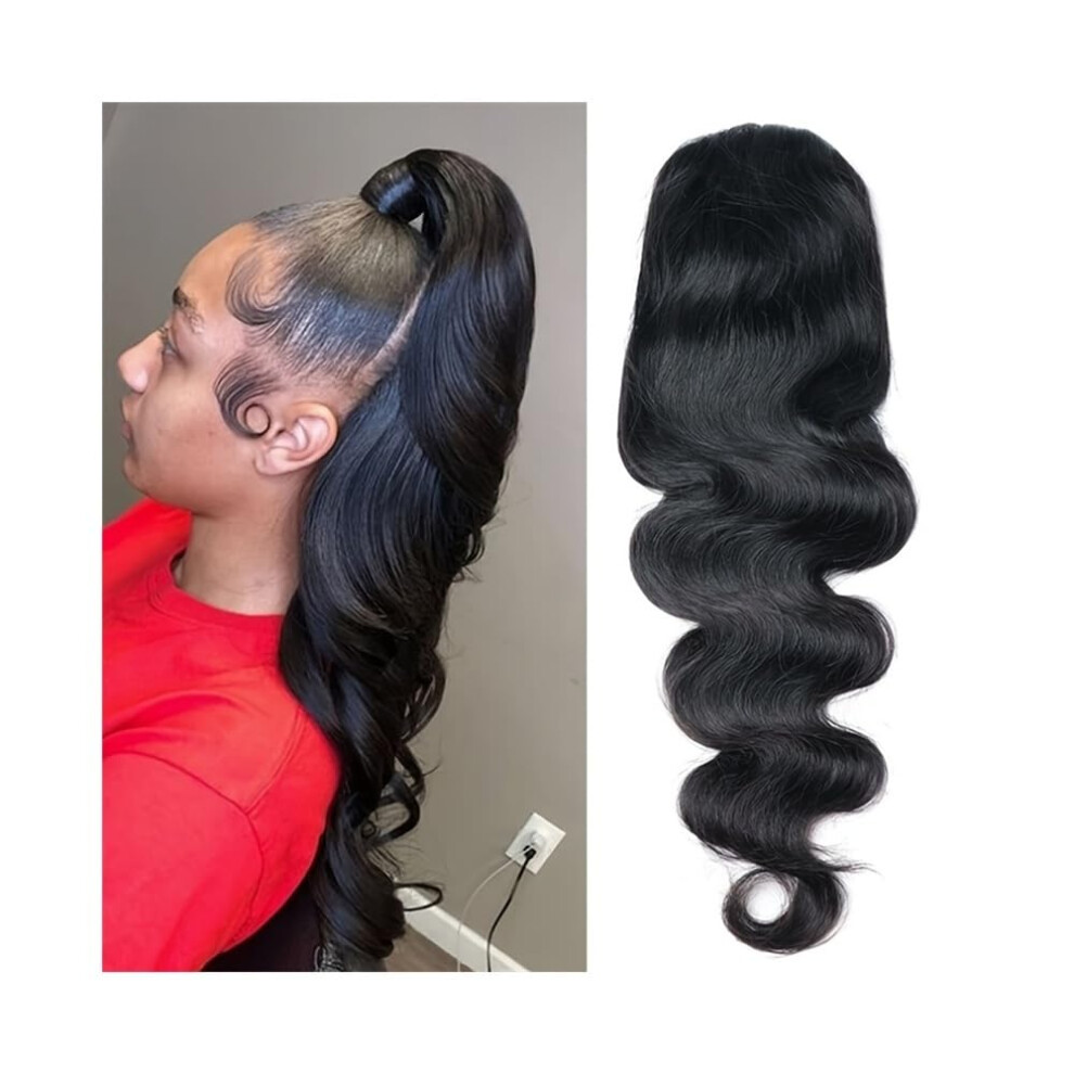 Unisex Black Drawstring Ponytail Extension 10-26 Body Wave Brazilian Remy Human Hair Clip-In Wave Curly Hairpiece Natural 22 In