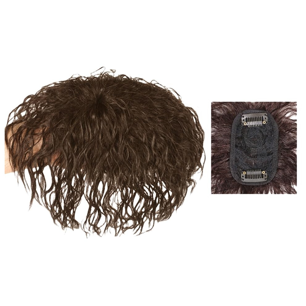 Unisex Brown Small Area Short Curly Human Hair Topper Clip In Hairpieces Weavy Topper Hair Replacement Wiglets For Women Dark