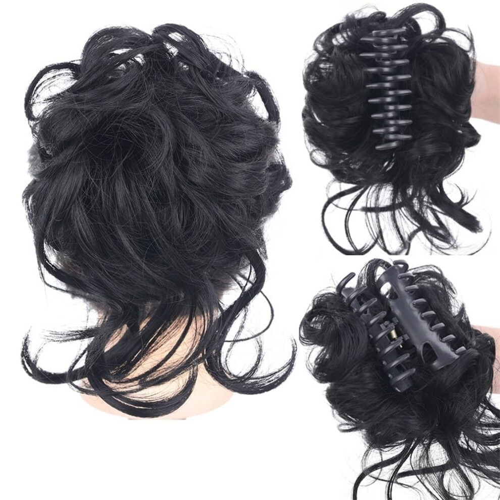 Unisex Black Claw Clip Messy Bun Hair Piece Wavy Curly Hair Chignon Tousled Updo Synthetic Hair Extensions(Black) Clip In Updo Wavy