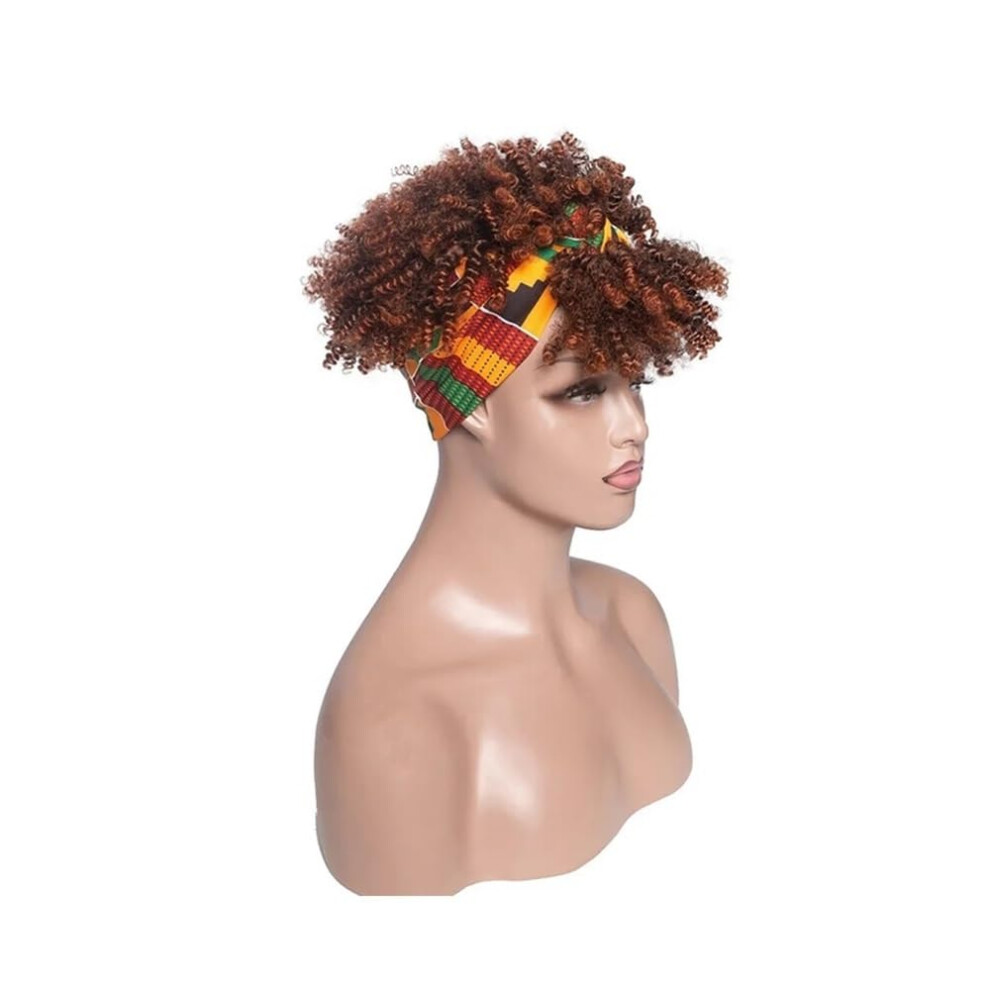 Unisex Brown Short Afro Kinky Curly Wigs With Bangs Wrap Headband Synthetic Turban Afro Cosplay Wig Extensions Light 6 Inches