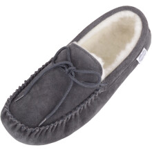 (UK13, Dark Grey) Alfie, Wool Lined Suede Moccasin Slippers with Suede Sole