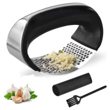 Garlic Press Rocker, Stainless Steel Garlic Mincer Tool, Easy-Squeeze Garlic Tool With Peeler And Cleaning Brush